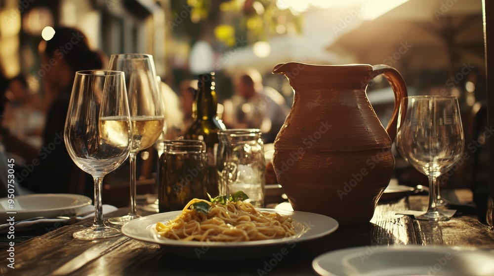 Italian terracotta pitcher and pasta on a rustic outdoor table with glasses, capturing the essence of an Italian dining experience at sunset in a warm, inviting atmosphere. Italian terracotta pitcher and pasta on a rustic outdoor table with glasses, capturing the essence of an Italian dining experience at sunset in a warm, inviting atmosphere.