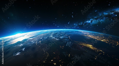 Earth from Space with City Lights and Milky Way