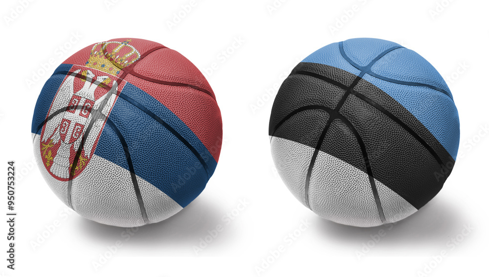 basketball balls with the national flags of estonia and serbia on the white background. basketball balls with the national flags of estonia and serbia on the white background.