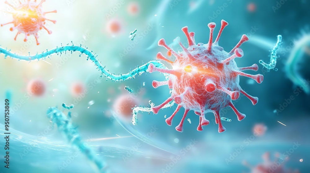 A closeup of a prion causing a mutation in a virus, highlighting the spread of pathogens and the immune systems response in medical treatment A closeup of a prion causing a mutation in a virus, highlighting the spread of pathogens and the immune systems response in medical treatment