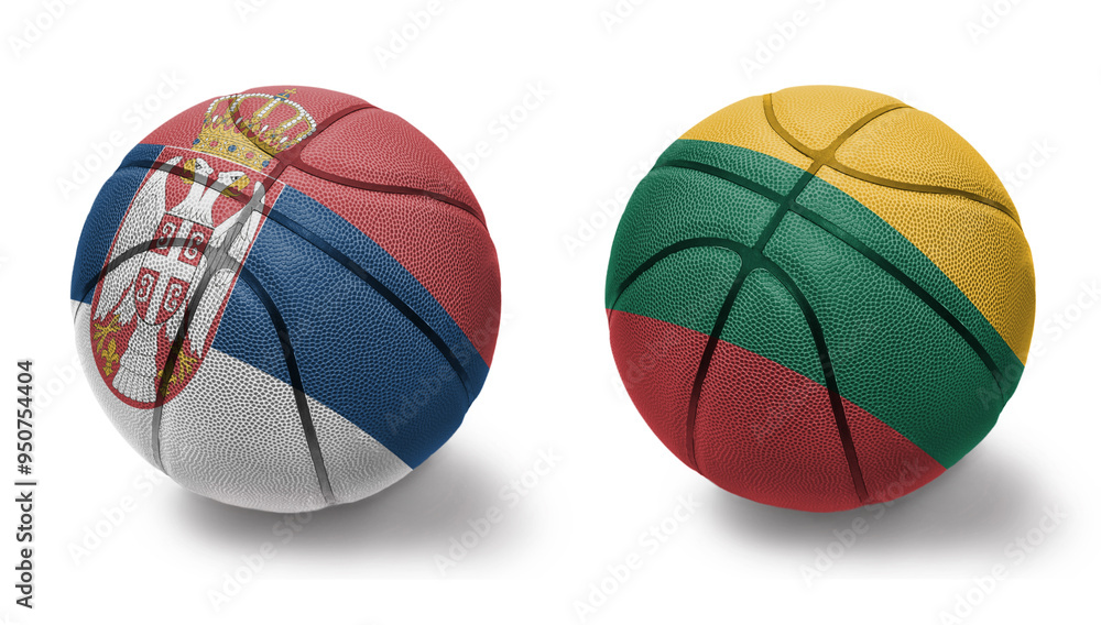basketball balls with the national flags of lithuania and serbia on the white background. basketball balls with the national flags of lithuania and serbia on the white background.