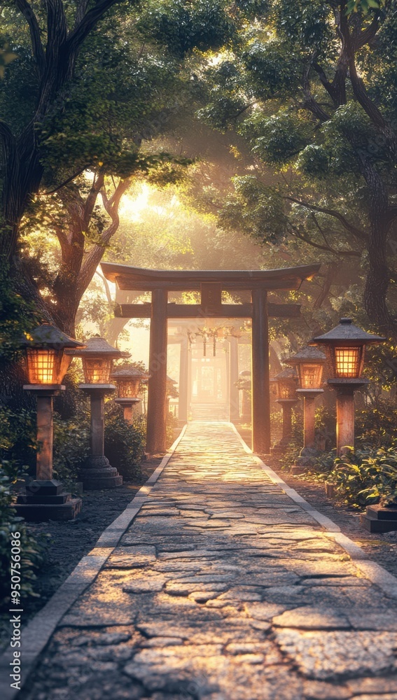 Serene Japanese shrine path with illuminated lanterns and traditional torii gate surrounded by lush green trees in tranquil forest setting Serene Japanese shrine path with illuminated lanterns and traditional torii gate surrounded by lush green trees in tranquil forest setting