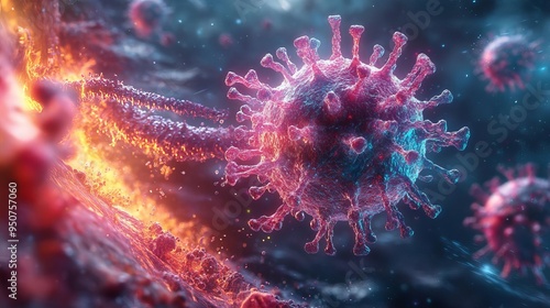 A detailed view of a virus undergoing mutation, showcasing its interaction with immune cells and the challenges of treating prionrelated diseases