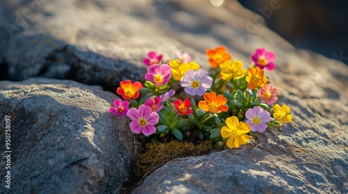 Close-up of a small array of flowers nestled in a crevice in the stone. Colorful flowers among weathered stones in the sun. photo