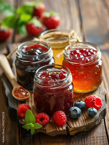 Assorted Jams in Jars with Fresh Berries