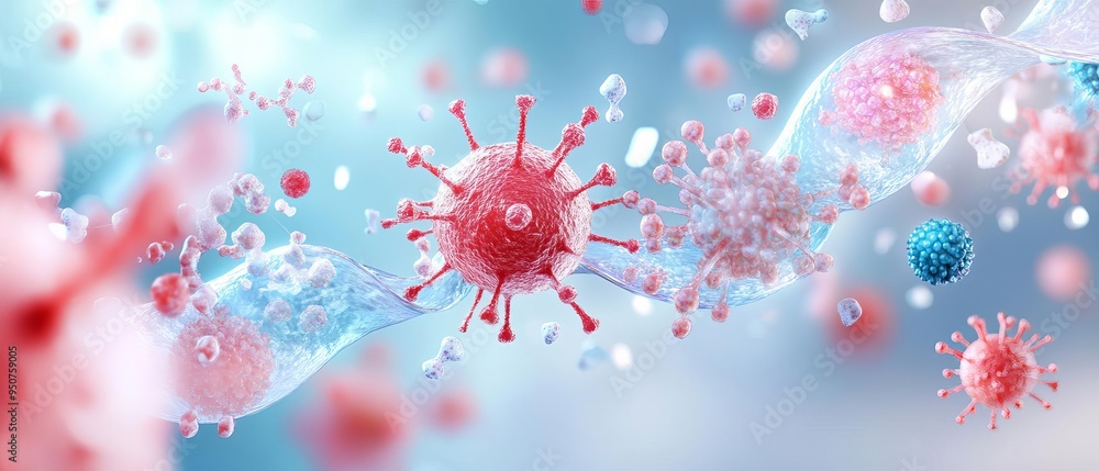 A highresolution image of a mutated virus interacting with immune cells, illustrating the complex relationship between immunity and prionrelated diseases A highresolution image of a mutated virus interacting with immune cells, illustrating the complex relationship between immunity and prionrelated diseases