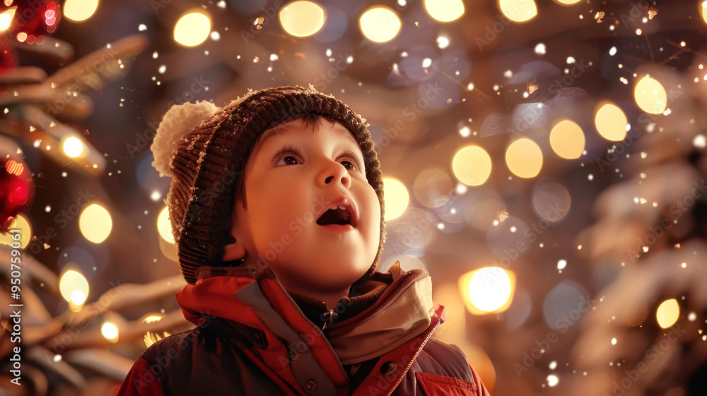 Young child, bundled in winter attire, looks up in awe at festive holiday lights. soft glow of bokeh adds magical touch to snowy background, evoking feelings of wonder and joy. Young child, bundled in winter attire, looks up in awe at festive holiday lights. soft glow of bokeh adds magical touch to snowy background, evoking feelings of wonder and joy.