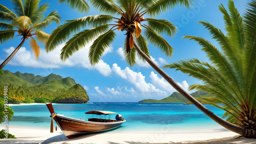 beach with palm trees, boat on the beach

