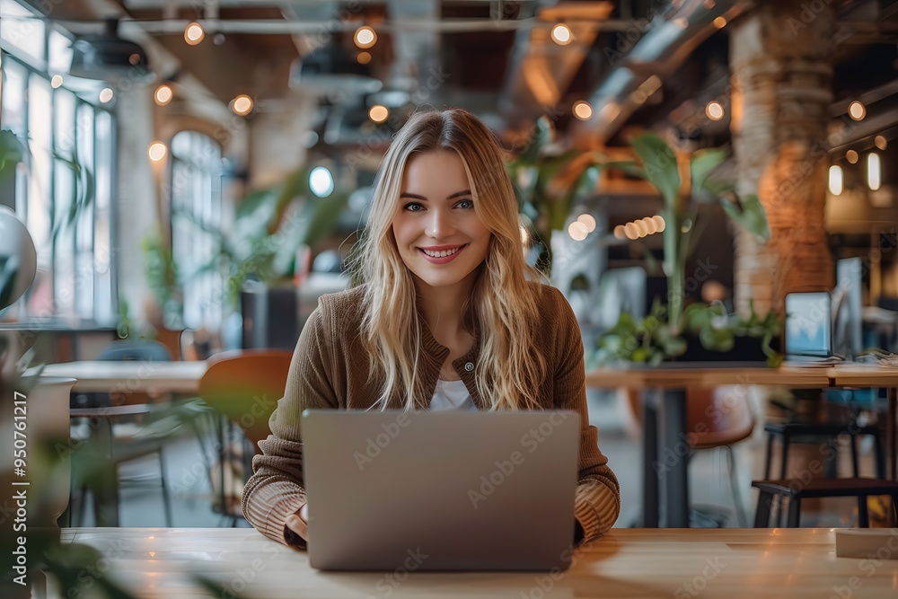 Young Woman Working on Laptop in a Cozy Café Setting Young Woman Working on Laptop in a Cozy Café Setting
