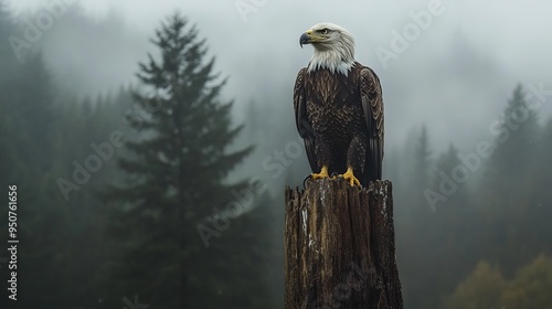 A majestic bald eagle perched elegantly on a tall wooden stump against a mist-laden forest background