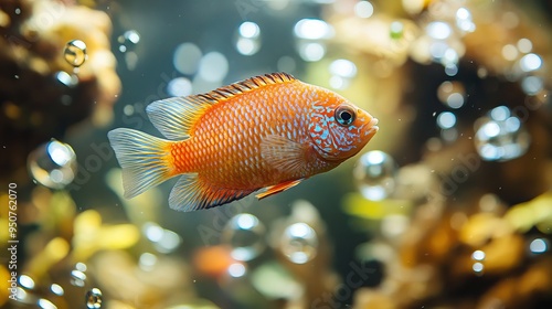 The majestic orange cichlasoma severum swimming gracefully amongst the bubbles in Its vibrant aquarium habitat photo