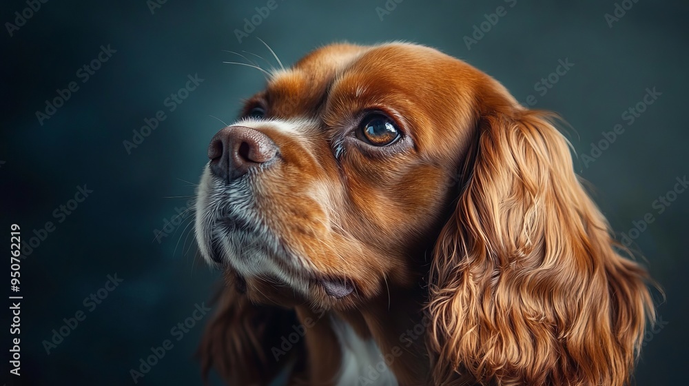 Elegant and intelligent spaniel captured in a close-up portrait against a dark, moody background, showcasing its regal appearance and graceful demeanor Elegant and intelligent spaniel captured in a close-up portrait against a dark, moody background, showcasing its regal appearance and graceful demeanor