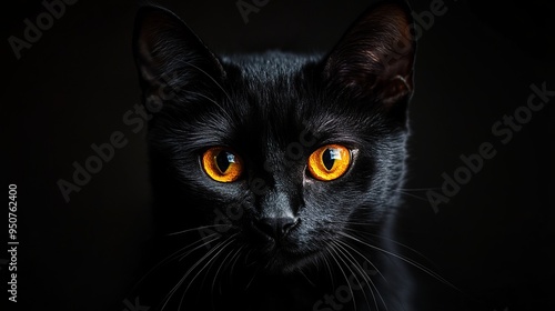 The enigmatic black cat with mesmerizing orange eyes, prowling silently through the veil of night