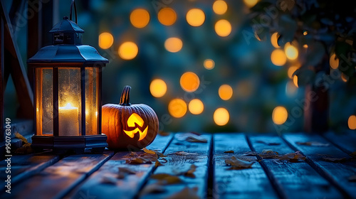 On a wooden porch at night, a pumpkin with a lantern is seen with bokeh behind it photo