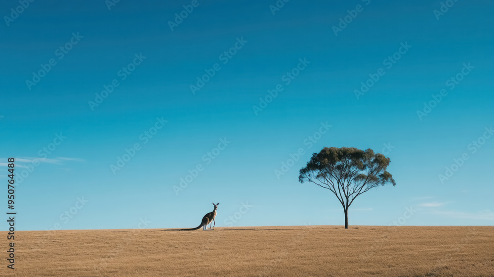 Naklejka premium a lone kangaroo standing beside a slender eucalyptus tree in a golden field