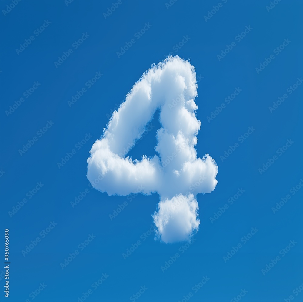 Naklejka premium Realistic Cloud Number Four Floating in Clear Blue Sky, Fluffy White Cloud Art with Bright Sky Background