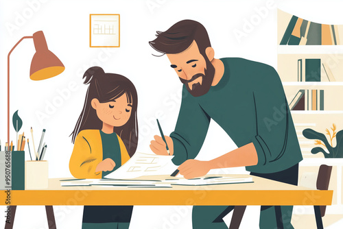 Father and daughter enjoying a study session at home, surrounded by books and supplies, bonding over learning and sharing a moment of togetherness