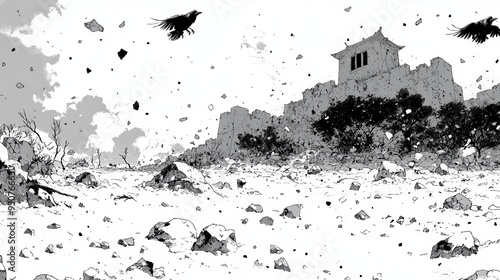 Monochrome Manga Scene Depicting a Serene Yet Eerie Landscape with Birds, Trees, and a Tower on a Hill in the Background photo