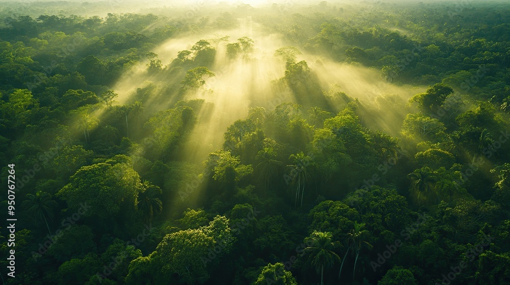 A vast rainforest canopy seen from above, with morning mist rising and sunlight piercing through, revealing a rich diversity of green shades. A vast rainforest canopy seen from above, with morning mist rising and sunlight piercing through, revealing a rich diversity of green shades.