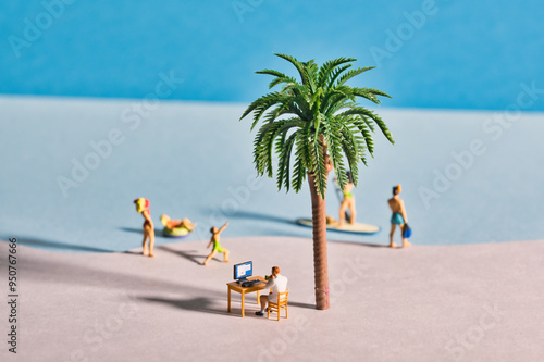 A man works at the desk on the beach with a parasol, modern home office