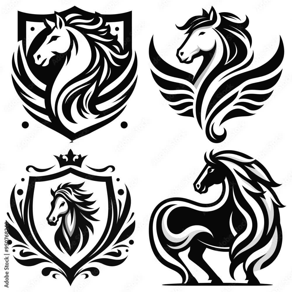 Black and white horse crest, vector illustration, isolated background, perfect for logos and tattoos Black and white horse crest, vector illustration, isolated background, perfect for logos and tattoos
