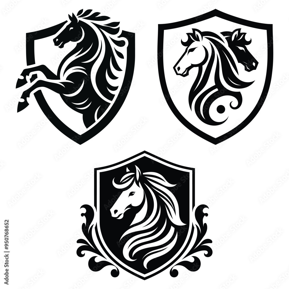 Elegant horse crest designs vector illustration in black and white, perfect for logos or emblems Elegant horse crest designs vector illustration in black and white, perfect for logos or emblems