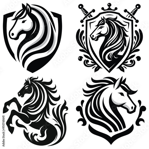 Heraldic horse crest designs, black and white vector illustration; perfect for emblems and logos