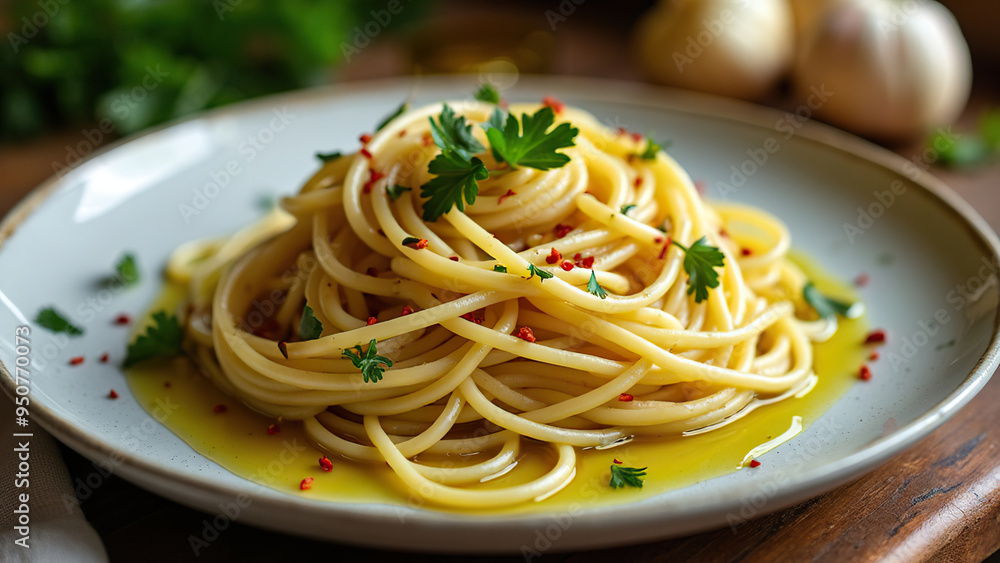 Classic spaghetti aglio e olio topped with fresh parsley and chili flakes, served on a white plate. A simple yet flavorful Italian dish. Classic spaghetti aglio e olio topped with fresh parsley and chili flakes, served on a white plate. A simple yet flavorful Italian dish.