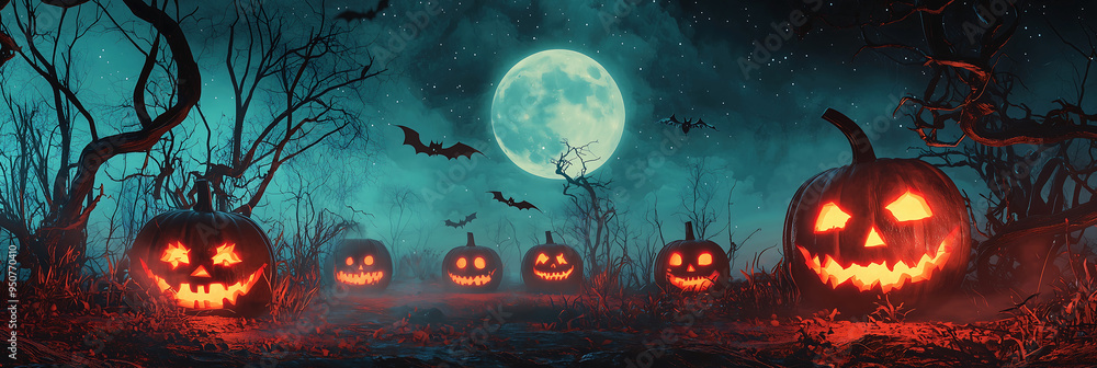 Spooky Halloween Scene with Glowing Jack-O'-Lanterns Under a Full Moon Spooky Halloween Scene with Glowing Jack-O'-Lanterns Under a Full Moon