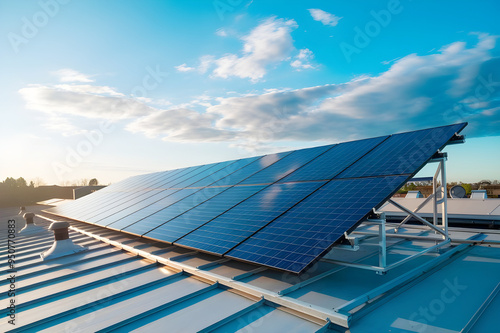 Solar panels and sunlight with beautiful blue sky and sunlight. Electricity source for energy and electric power by sustain environment.
