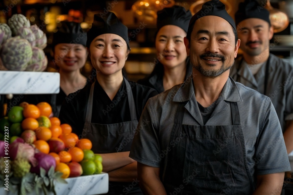 dynamic photo showcasing a diverse group of confident and welcoming restaurant staff in their uniforms, representing the multicultural hospitality industry. dynamic photo showcasing a diverse group of confident and welcoming restaurant staff in their uniforms, representing the multicultural hospitality industry.