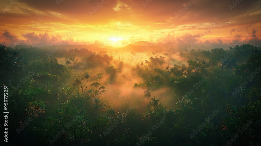 Breathtaking Sunrise Over a Misty Tropical Forest Breathtaking Sunrise Over a Misty Tropical Forest