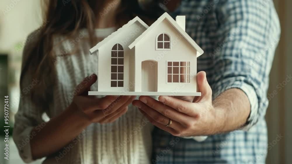 A couple joyfully holding a small model of a house, symbolizing their recent purchase in the real estate market. They stand together in a warm, inviting room. A couple joyfully holding a small model of a house, symbolizing their recent purchase in the real estate market. They stand together in a warm, inviting room.