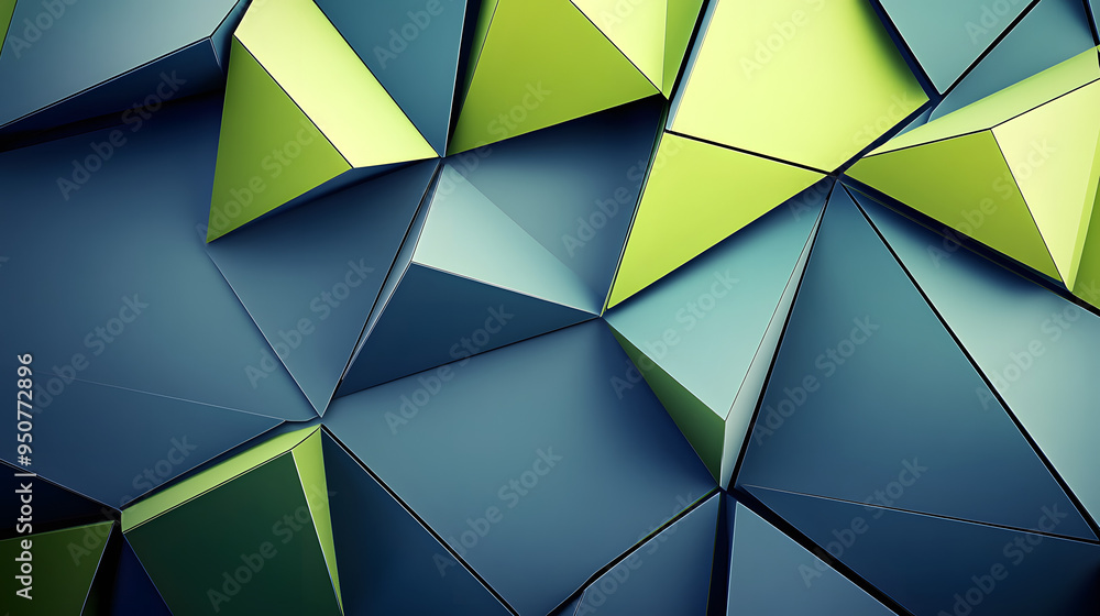 Geometric 3D triangular background. Abstract three-dimensional triangular lime green and metallic blue banner Geometric 3D triangular background. Abstract three-dimensional triangular lime green and metallic blue banner