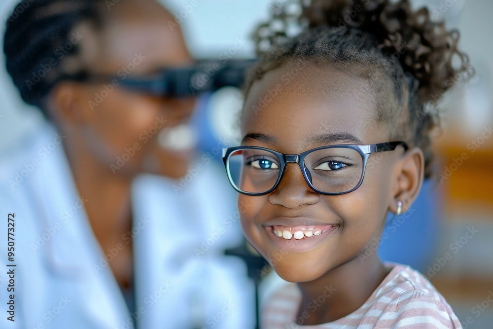 close-up photo of a smiling young African girl wearing eyeglasses while sitting in front of an optometrist during an eye health check-up. close-up photo of a smiling young African girl wearing eyeglasses while sitting in front of an optometrist during an eye health check-up.