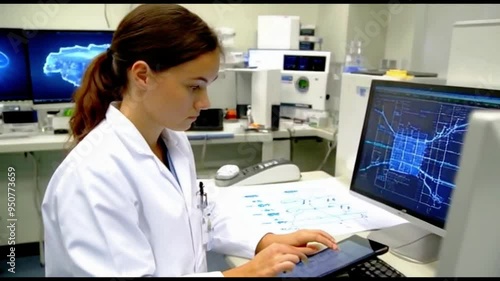 Uma jovem e inovadora cientista cria diligentemente um diagrama complexo usando tecnologia de IA de ponta em um laboratório de última geração.