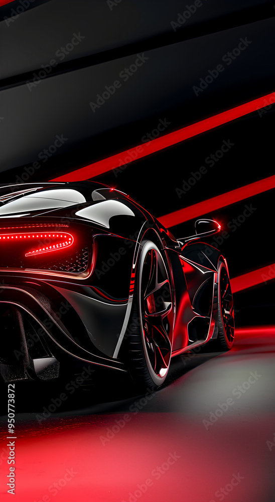 Naklejka premium Sleek black sports car with red accents. Sports car concept.