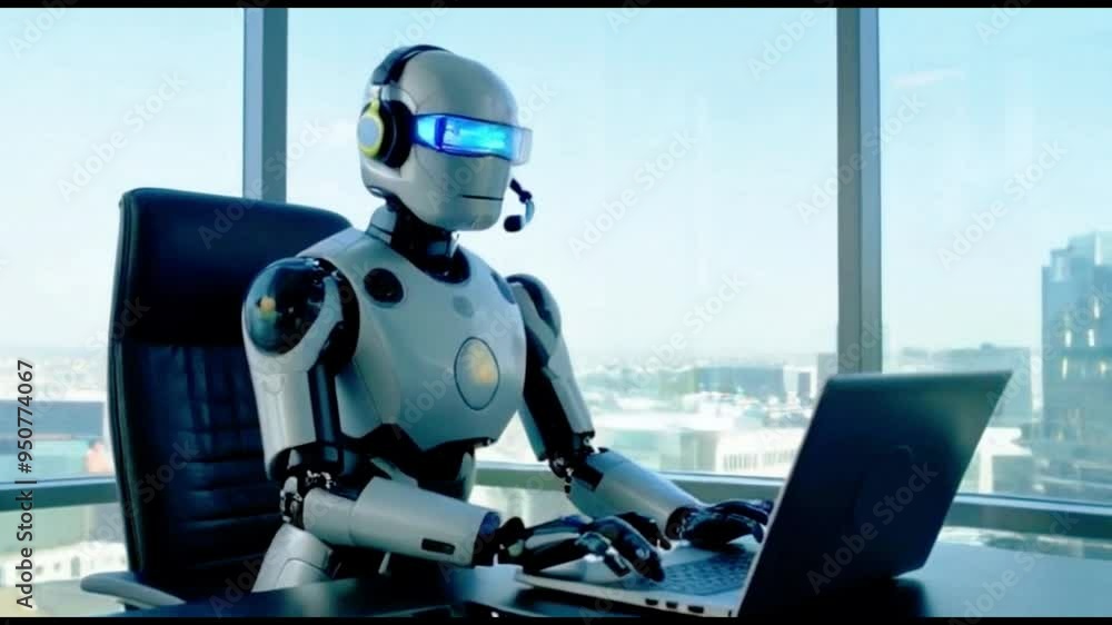 Inteligência artificial, ou robô de IA trabalhando no escritório usando laptop de computador e digitando no teclado, Tecnologia no futuro, Rede de comunicação.