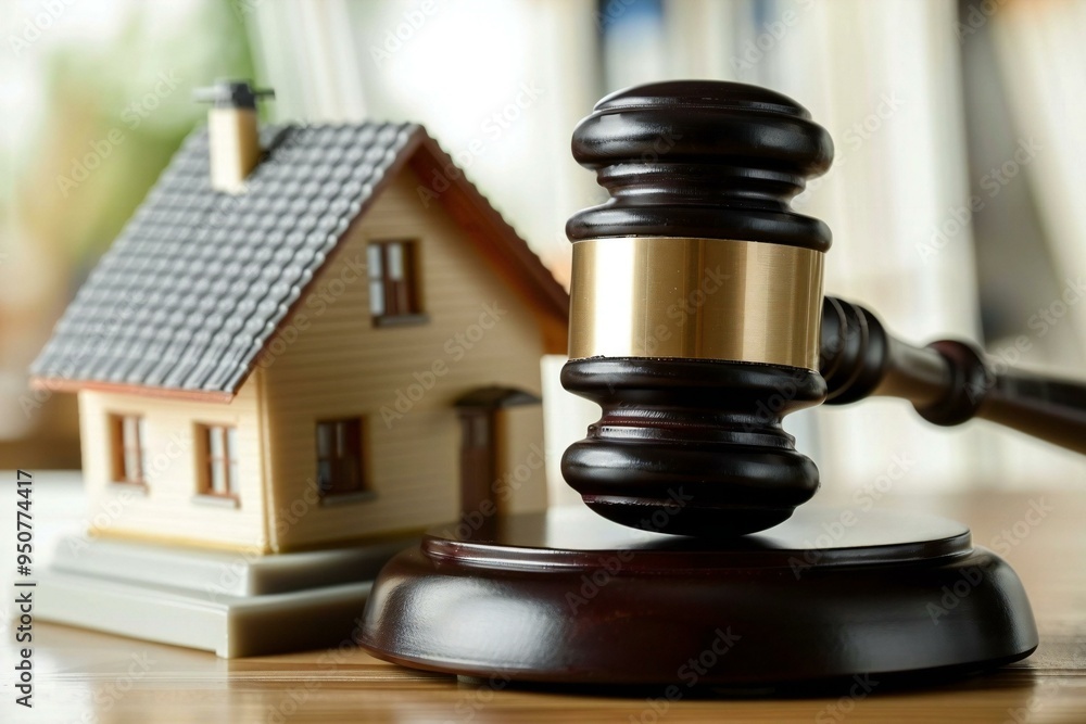 Idea: Close-up of a gavel with a small house model in a courtroom setting, representing the themes of foreclosure, law, and property rights. Idea: Close-up of a gavel with a small house model in a courtroom setting, representing the themes of foreclosure, law, and property rights.