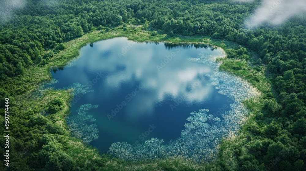 Aerial View of a Secluded Lake Surrounded by Lush Green Forest Aerial View of a Secluded Lake Surrounded by Lush Green Forest