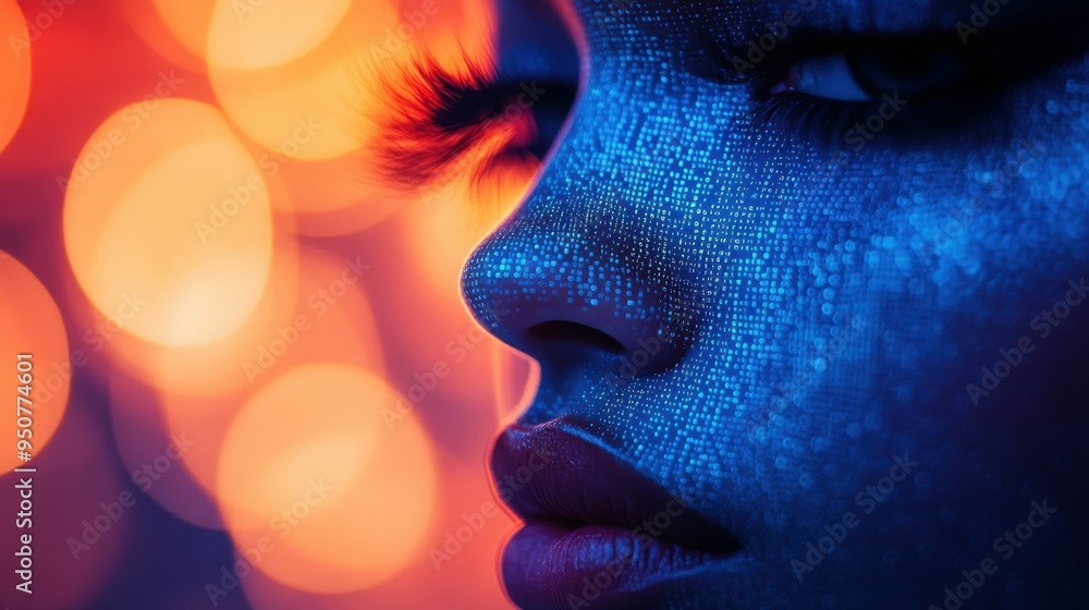 This striking composition features a close-up of a face crafted from computer code, surrounded by a mesmerizing backdrop of glowing orange and blue lights, creating an intriguing contrast This striking composition features a close-up of a face crafted from computer code, surrounded by a mesmerizing backdrop of glowing orange and blue lights, creating an intriguing contrast