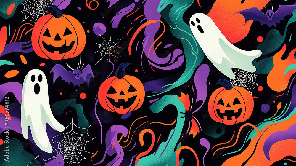 Colorful Halloween Pattern with Ghosts, Pumpkins, and Bats Colorful Halloween Pattern with Ghosts, Pumpkins, and Bats