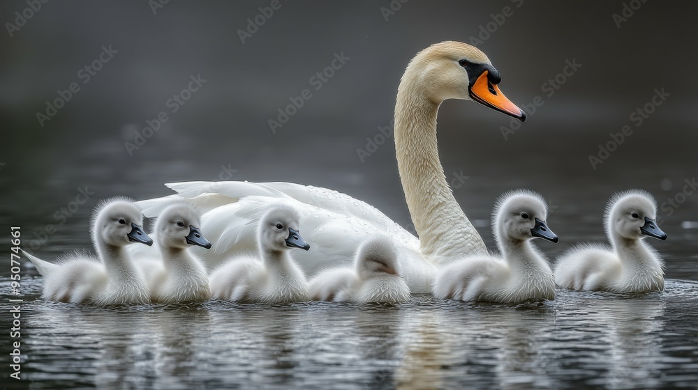 Obraz premium The elegant swan leads her six fluffy cygnets through the tranquil waters, creating ripples as they glide. The soft light enhances their beauty