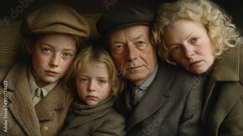 This heartwarming moment captures a family of four dressed in vintage clothing, sitting together in a cozy and warm environment, emphasizing their bond and connection