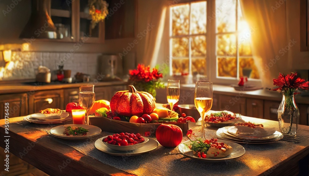 A Thanksgiving table boasts a crisp white tablecloth, autumnal flowers, elegant china, and polished silverware, with a centerpiece of roasted turkey and fall decor. A Thanksgiving table boasts a crisp white tablecloth, autumnal flowers, elegant china, and polished silverware, with a centerpiece of roasted turkey and fall decor.