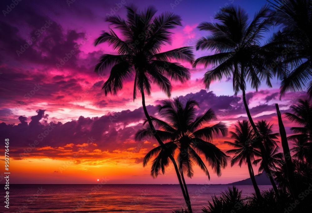 vibrant sunset backdrop featuring tropical palm silhouette colorful sky, beach, colors, clouds, orange, yellow, pink, blue, nature, scenery, dusk, evening vibrant sunset backdrop featuring tropical palm silhouette colorful sky, beach, colors, clouds, orange, yellow, pink, blue, nature, scenery, dusk, evening