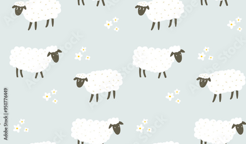 Cute sheeps pattern, seamless texture, white silhouettes and daisy, simple kids repeat motif, pastel blue background
