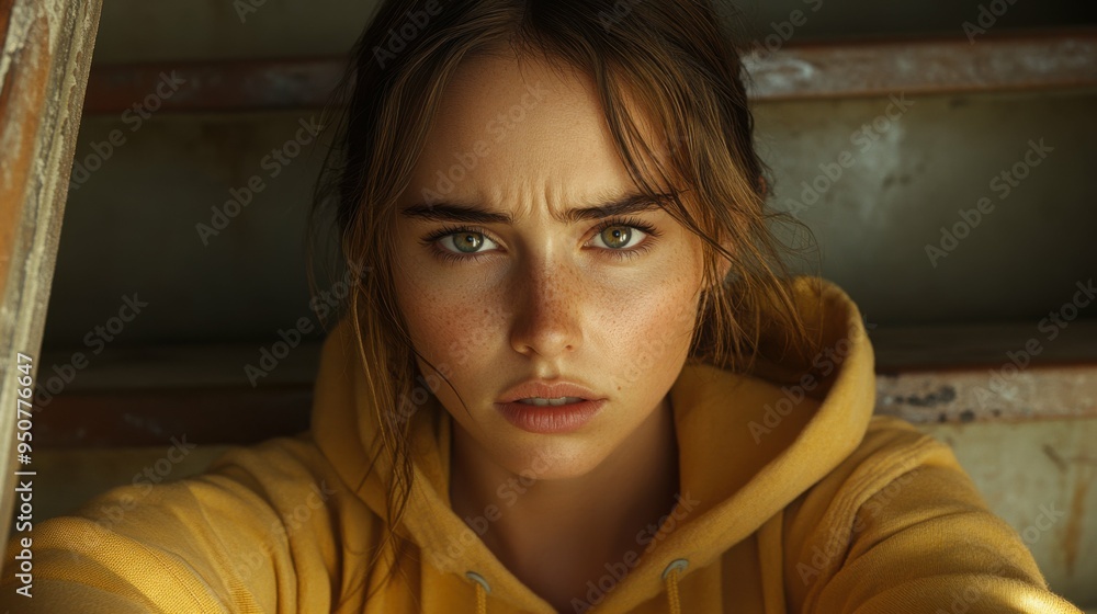 The girl sits on an old staircase, dressed in a bright yellow hoodie. Her intense gaze captures a moment of reflection and emotion in a cozy, casual environment The girl sits on an old staircase, dressed in a bright yellow hoodie. Her intense gaze captures a moment of reflection and emotion in a cozy, casual environment