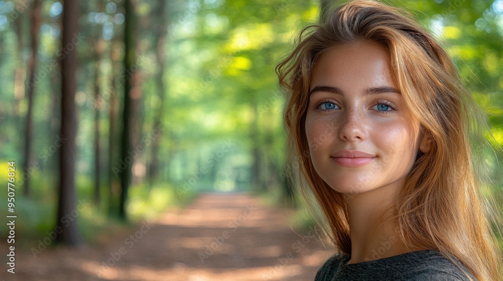 Fototapeta premium A blonde girl stands cheerfully on a forest path, illuminated by warm sunlight filtering through the trees. She smiles, enjoying a tranquil moment in the serene surroundings
