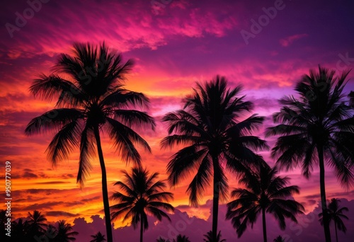 vibrant palm silhouette stunning sunset backdrop radiant colors dramatic sky, colorful, dusk, clouds, orange, yellow, red, blue, beautiful, nature